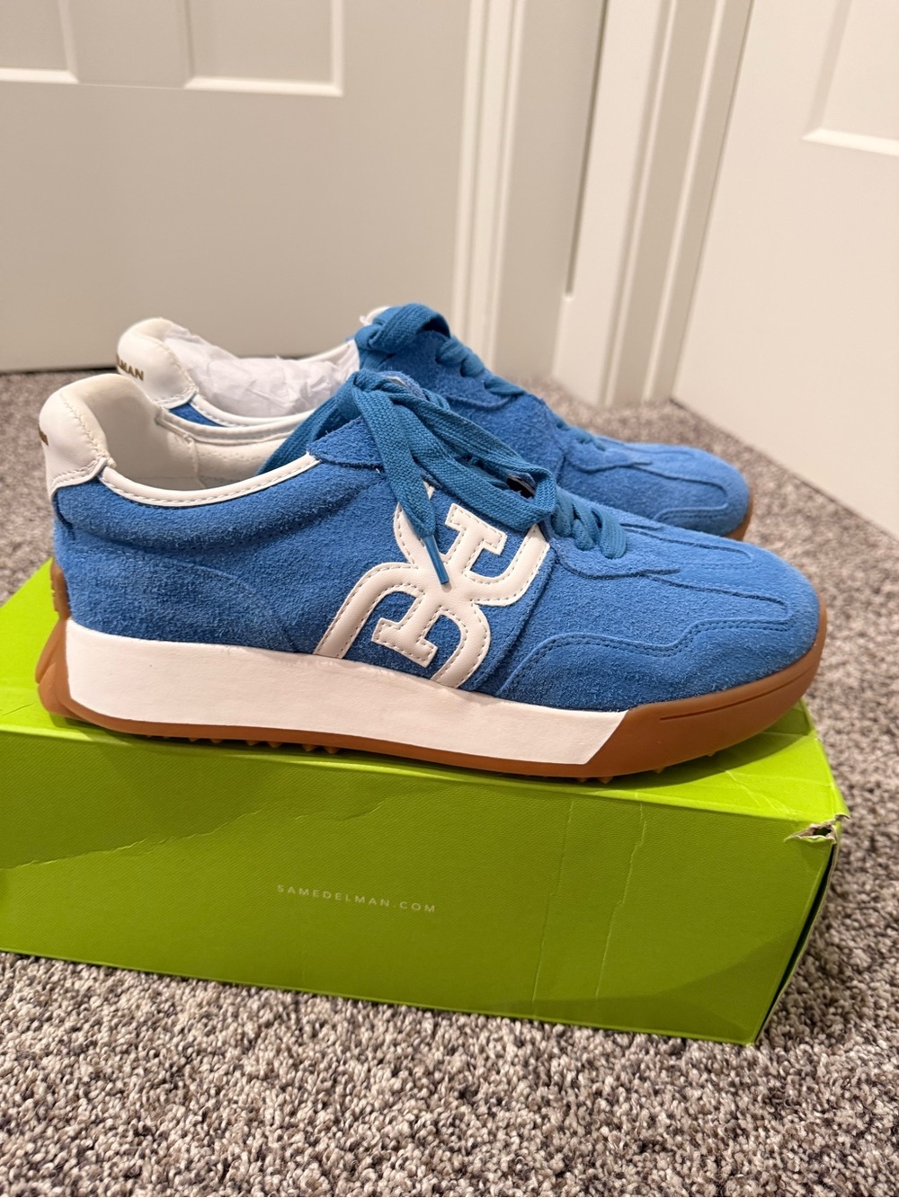 NWT Sam Edelman Blue Suede Sneakers with White Trim and Gum Sole